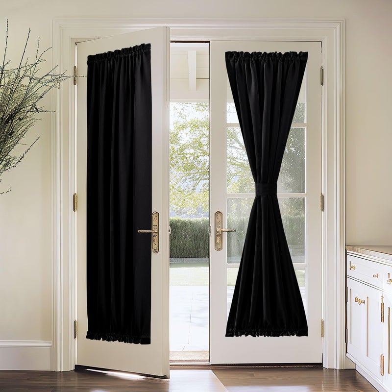PONY DANCE Blackout French Door Curtain - Soft Fabric Heavy-Duty Rod Pocket Door Curtain for Privacy Window Drapery Including Bonus Adjustable Tieback, 54 x 72 inches, Black, One Panel - Image 1